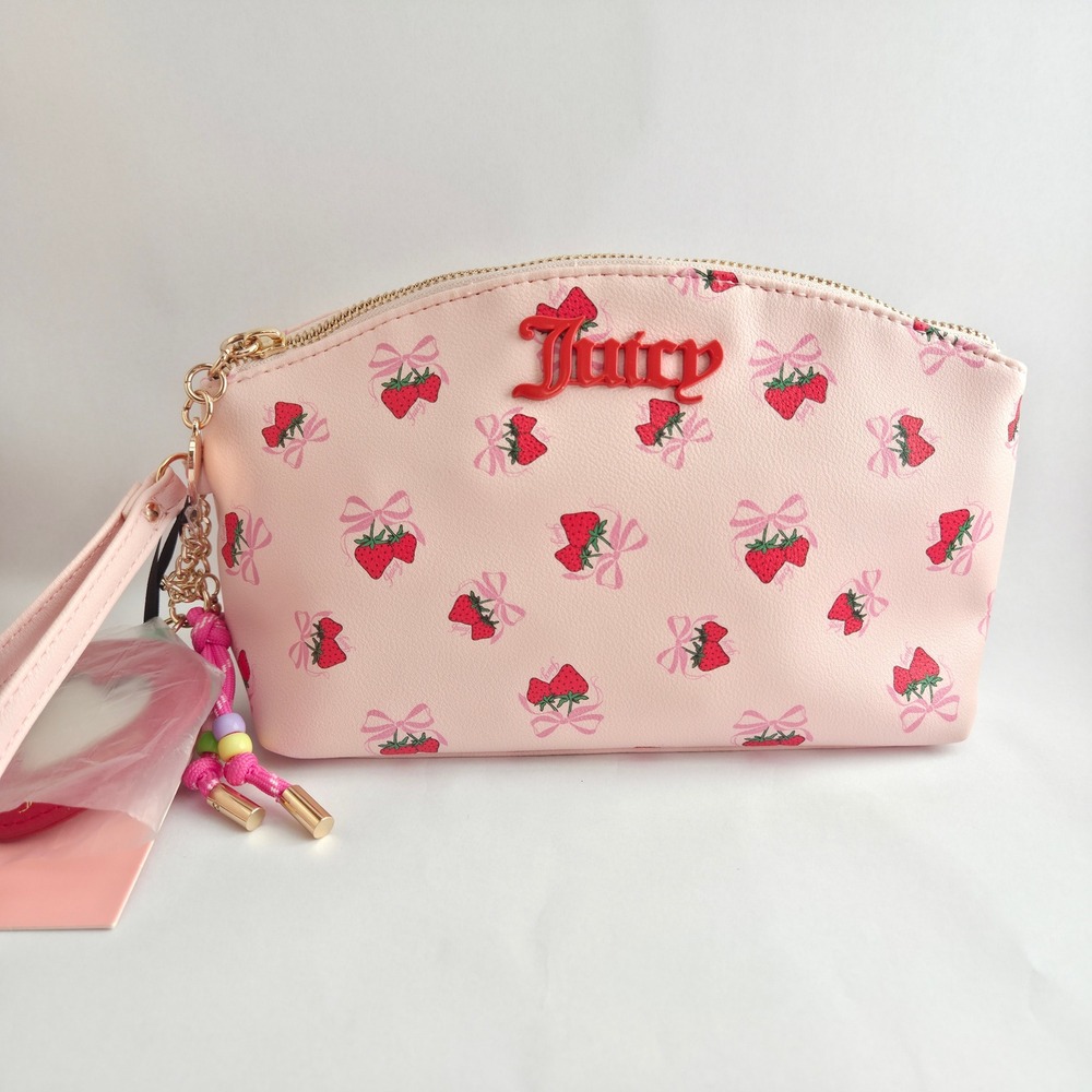 Juicy Couture Wristlet Pouch Womens OS Pink NWT Strawberry Bow Print Makeup Bag - Picture 1 of 16